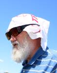 No hat---substituted Cleveland Indians towel held in place by sunglasses